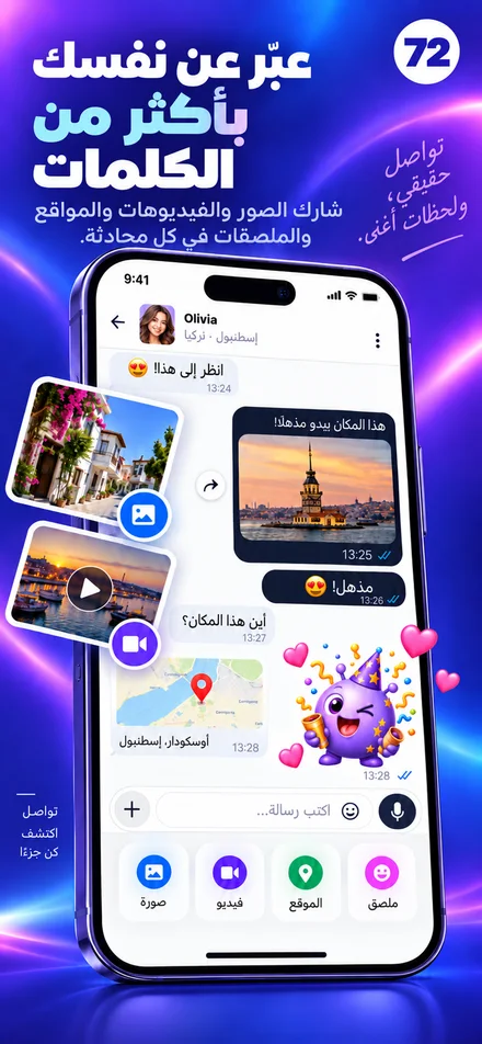 شارك لحظاتك بالصور والفيديوهات والمواقع والملصقات