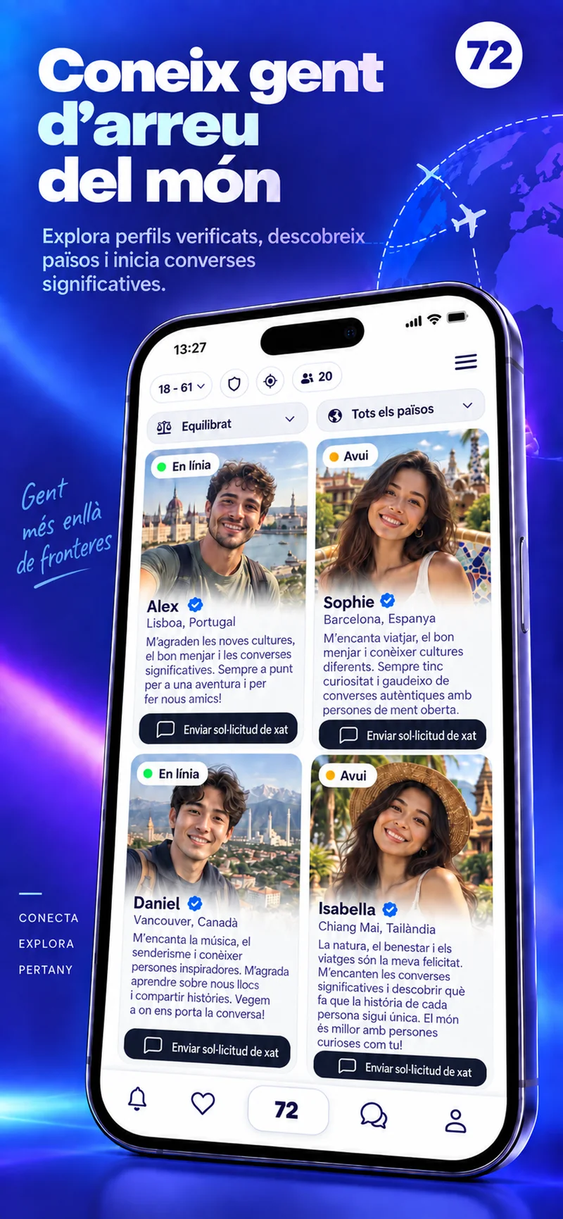 Pantalla que mostra perfils d'arreu del món a l'app 72