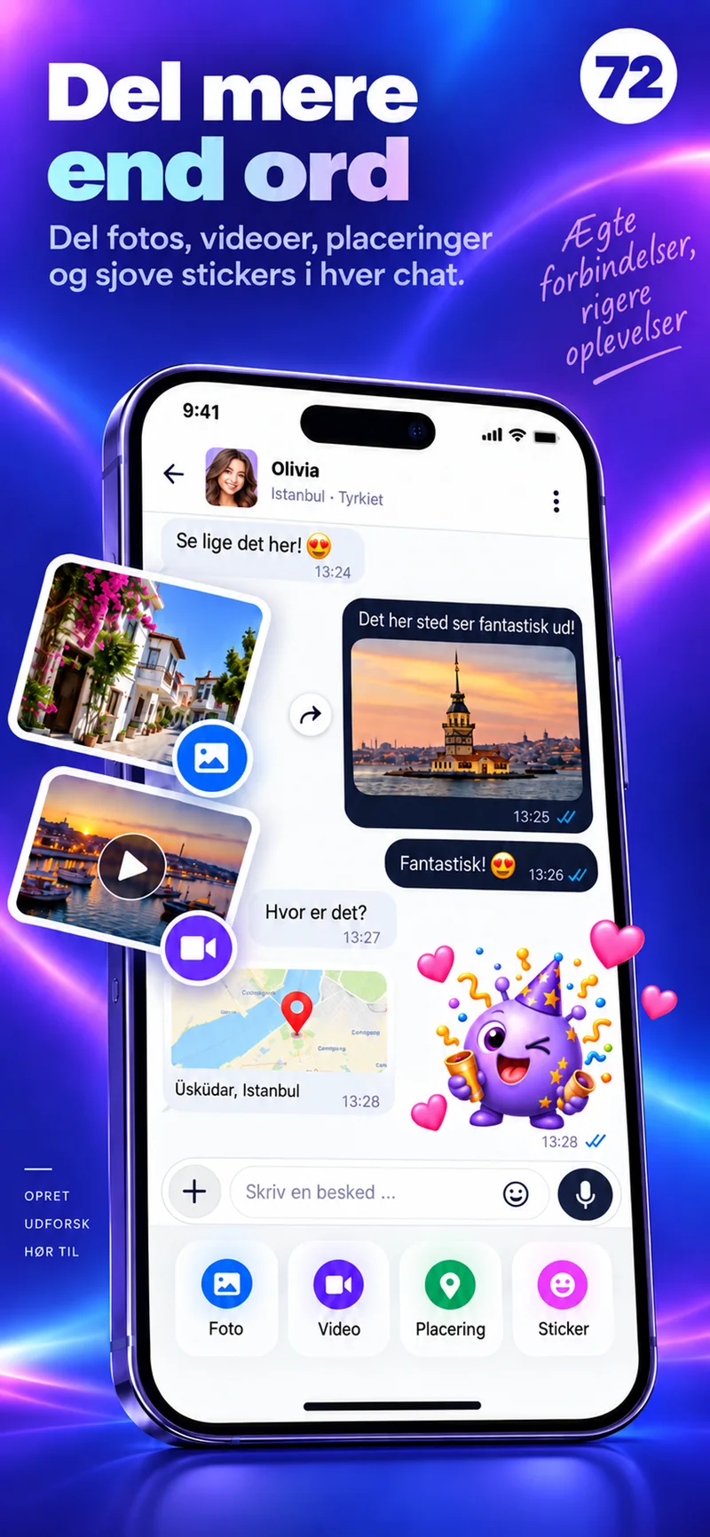 En 72-chat med fotos, video, et kort og farverige stickers