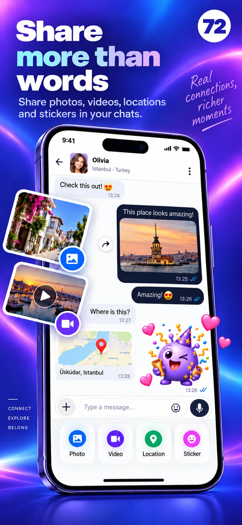 A 72 chat with photos, video, a map, and colorful stickers