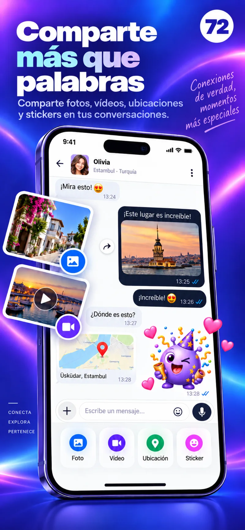 Un chat de 72 con fotos, vídeo, mapa y pegatinas coloridas