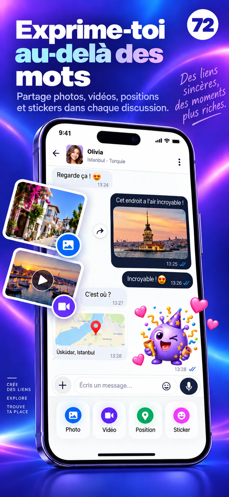 Un chat 72 avec photos, vidéo, carte et stickers colorés