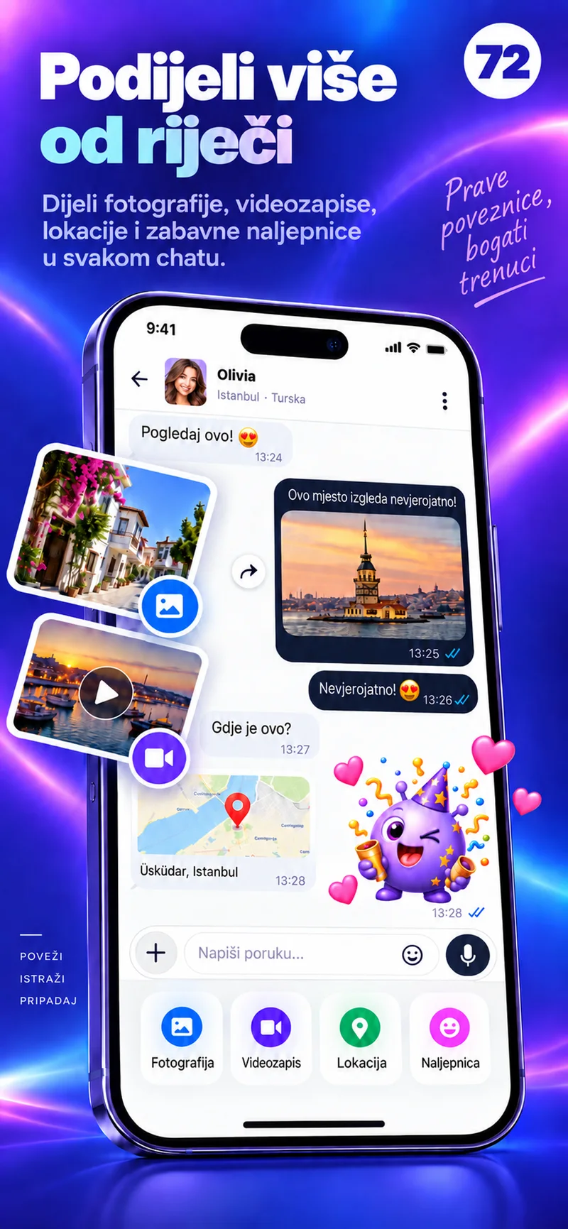 72 chat s fotografijama, videom, kartom i šarenim naljepnicama