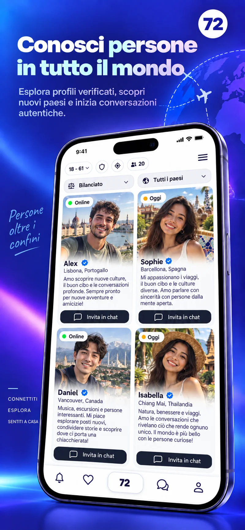 Schermata che mostra profili da tutto il mondo nell’app 72