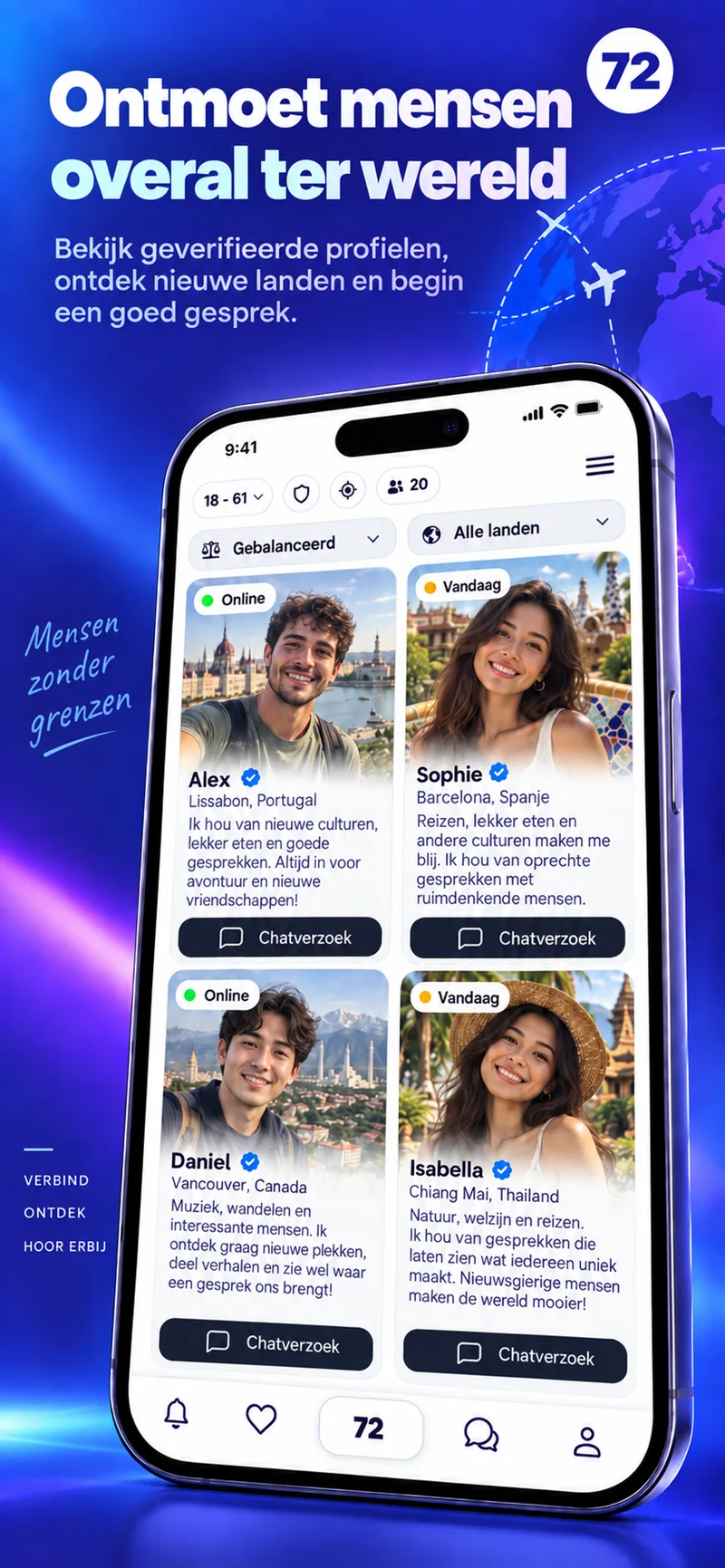 Scherm met profielen van over de hele wereld in de 72-app