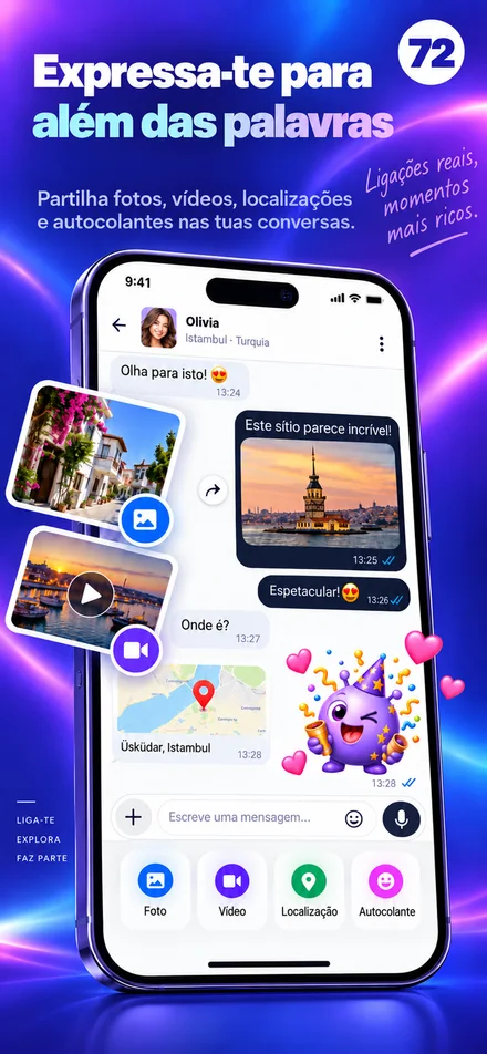 Partilhe os seus momentos com fotos, vídeos, localizações e stickers