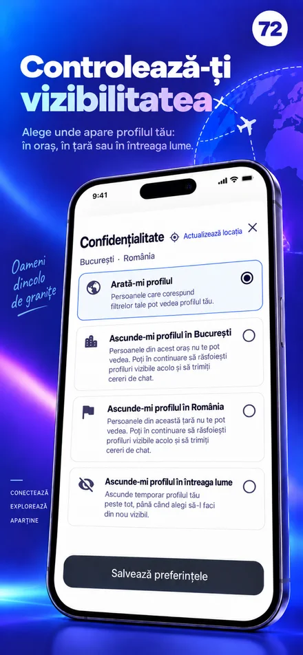 Controlează vizibilitatea profilului tău pentru oraș, țară sau lume