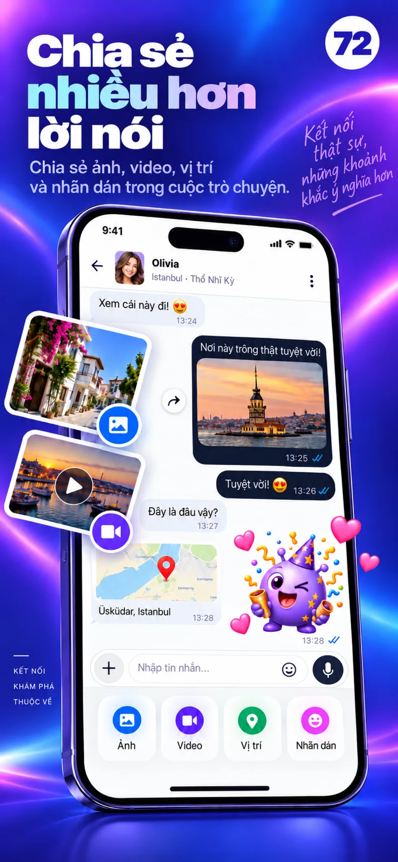 Một 72 chat với ảnh, video, bản đồ và nhãn dán nhiều màu sắc
